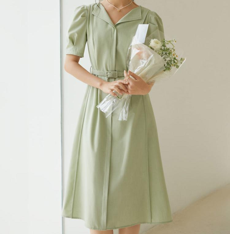 Lapel Lantern Sleeve Dress