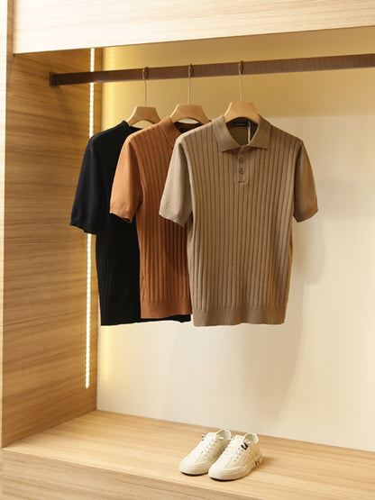 Knitted Solid Color Polo Collar Short Sleeve