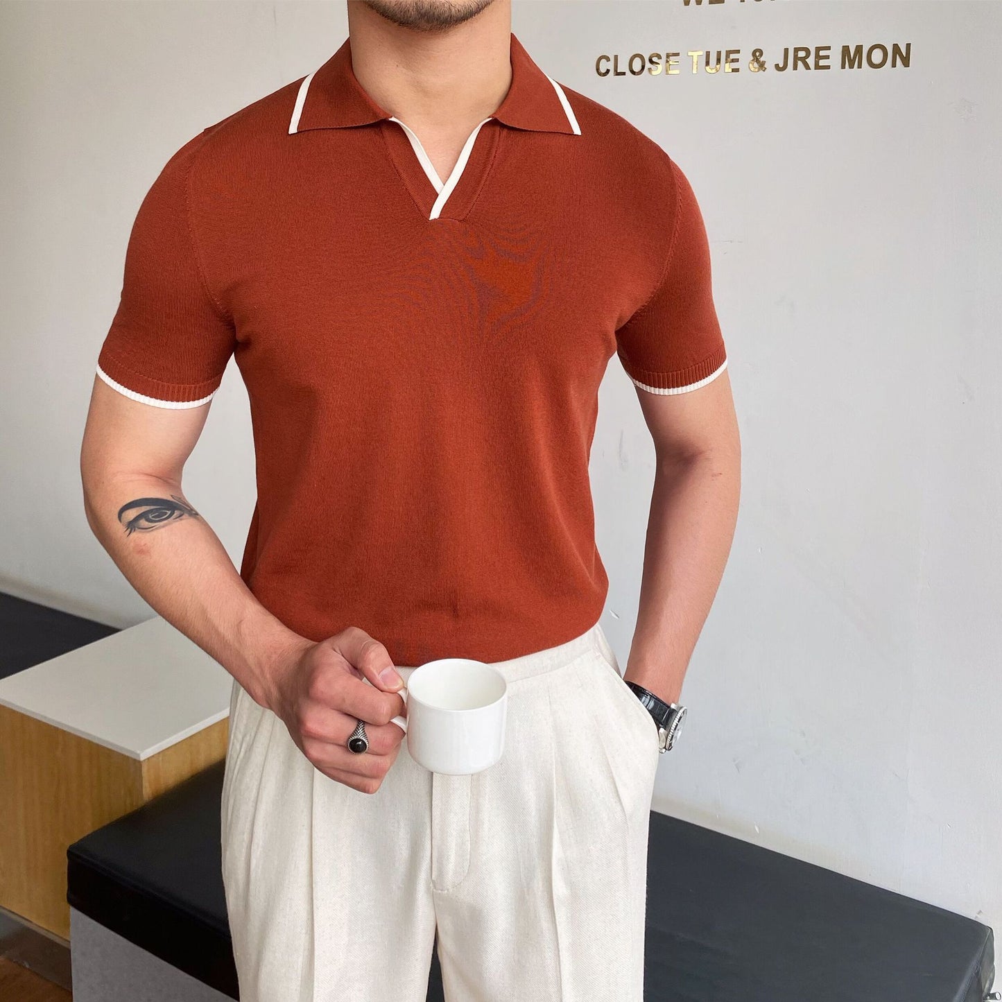 Men's Elbow-Sleeved Polo Collar T-Shirt