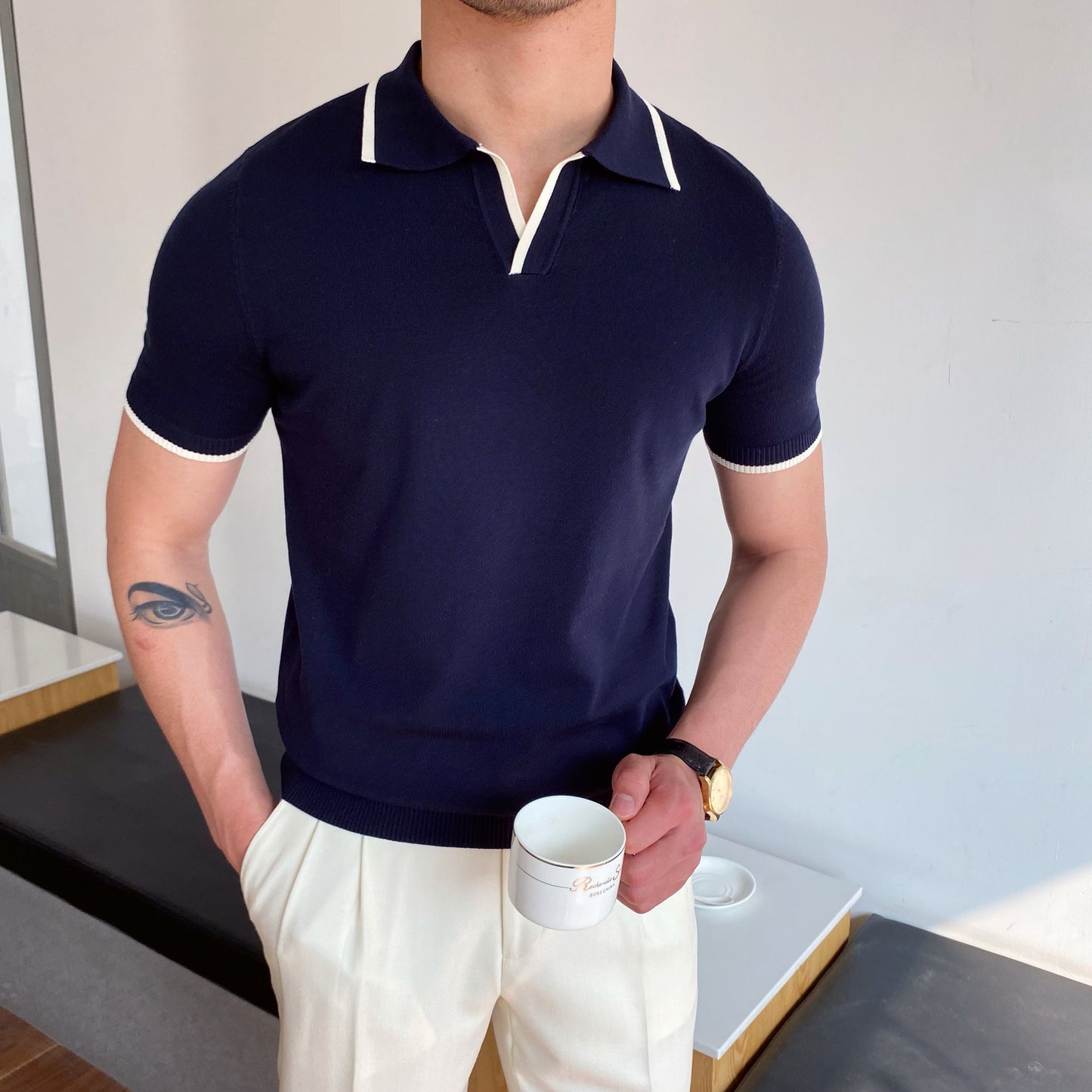 Men's Elbow-Sleeved Polo Collar T-Shirt